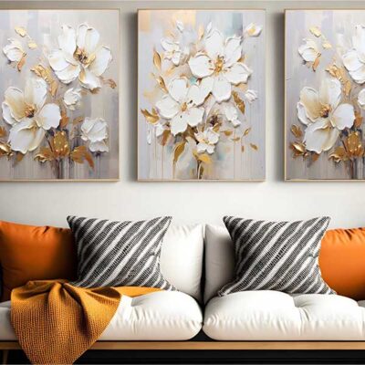 600-600 3D White Textured Flower Painting On Canvas, Modern Floral Wall Art-0105