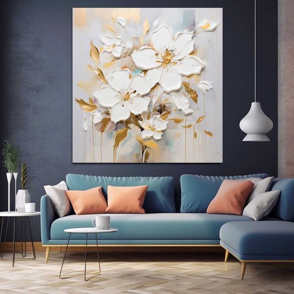 3D White Textured Flower Painting On Canvas, Modern Floral Wall Art-0105