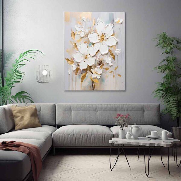 3D White Textured Flower Painting On Canvas, Modern Floral Wall Art-0105