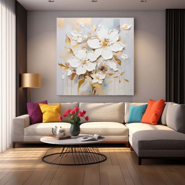 3D White Textured Flower Painting On Canvas, Modern Floral Wall Art-0105