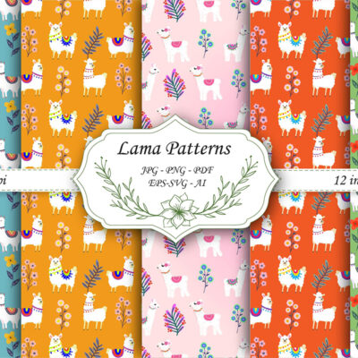 Llama Wildflower Field Seamless Pattern, Cute Nursery Animal Design