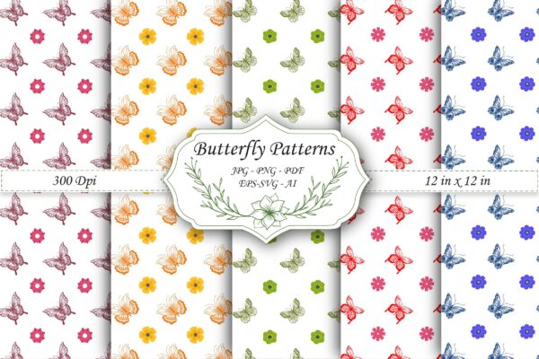Digital Watercolor Spring Floral Butterflies Seamless Pattern File for Commercial Use