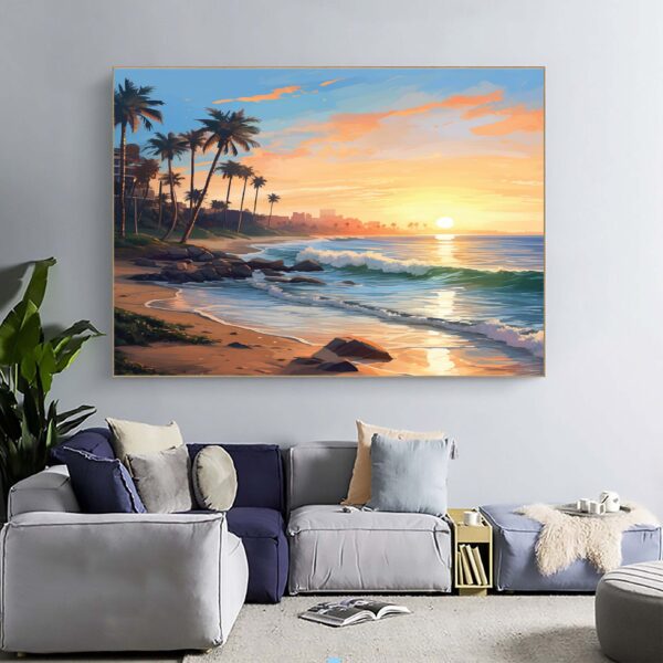 Large Sea Beach Canvas And Palm Tree Seaside Wall Art Set-081