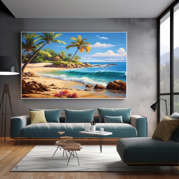 Large Sea Beach Canvas And Palm Tree Seaside Wall Art Set-081