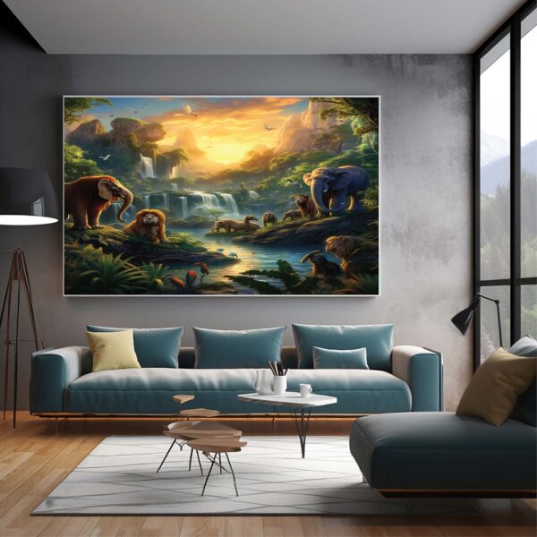 Jungle Wildlife Scene Canvas And Monkeys Wall Art-064