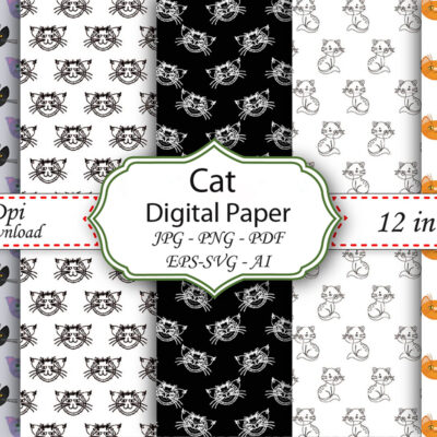 Black and White Cat Digital Paper - Seamless Pattern - Craft Paper - Scrapbook Paper