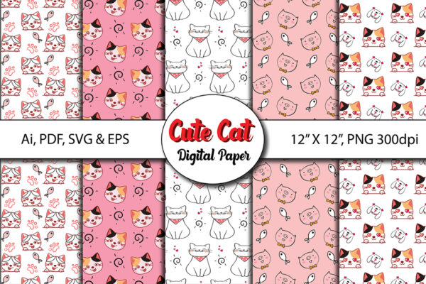 Cute Cat Patterns Digital Paper for Instant Download