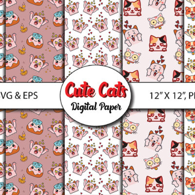 Cute Kawaii Cat Seamless Patterns Bundle