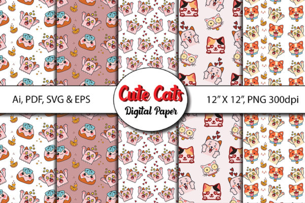 1 Cute Kawaii Cat Seamless Patterns Bundle-041