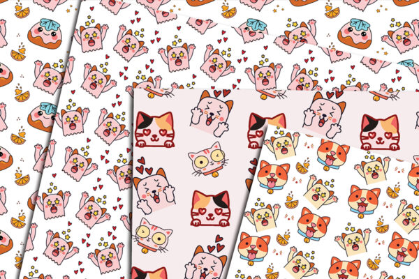 2 Cute Kawaii Cat Seamless Patterns Bundle-041