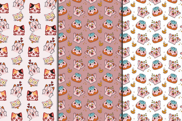 3 Cute Kawaii Cat Seamless Patterns Bundle-041