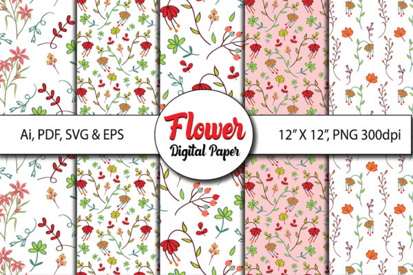 Boho Seamless Digital Papers, Little Flowers, Commercial Use Digital Paper