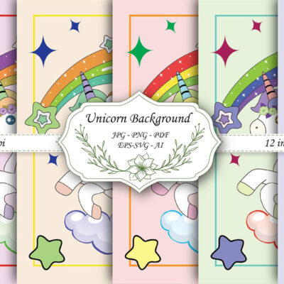 Unicorn Digital Paper, Rainbow Scrapbook Patterns