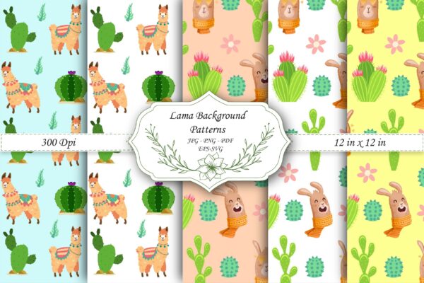 Llama Digital Paper Pack, Boho Cactus Aztec Seamless Patterns