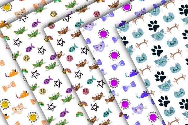 Cute Cat Digital Paper Bundle , Seamless Kawaii Cat & Paw Print Patterns, Scrapbook Paper, Printable Background05
