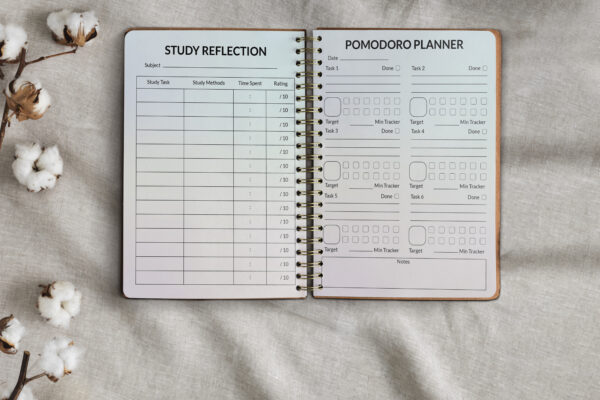 Opened sketchbook pages mockup psd on floral background Printable Student Planner-DP022