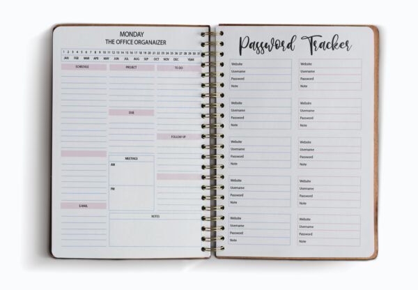Opened sketchbook pages mockup psd on floral background Office Work Planner | Office Task Tracker | Meetings List | Work Schedule| Project Checklist| Daily Planner-026