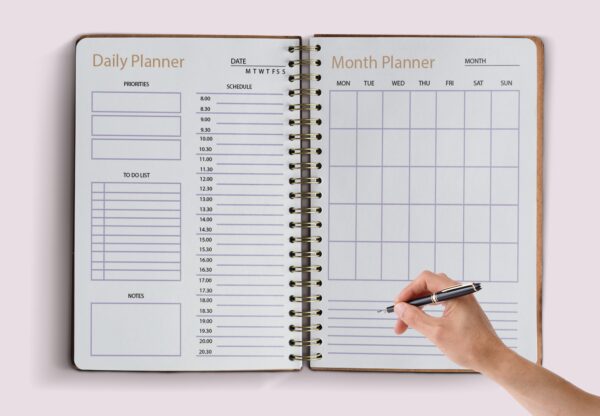 Opened sketchbook pages mockup psd on floral background Office Organizer | Work Planner Printable | Office Task Tracker | Meetings List | Work Schedule-025