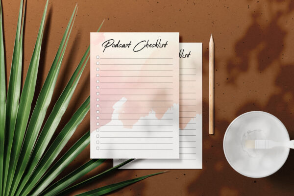 Clean minimal A5 flyer mockup on top marble background with leav Podcast Planner Printable, Editable Podcast Episode Launch Plan-DP031