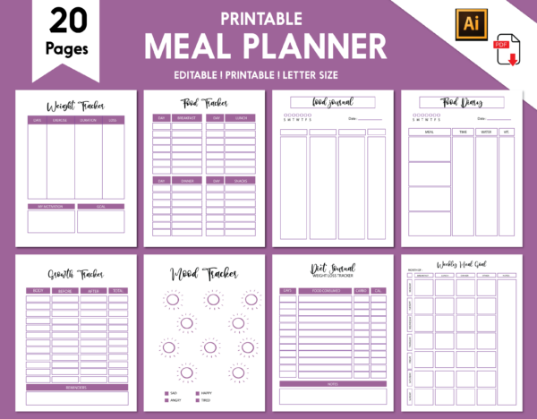 Editable Meal Planner Set | Meal Planner Bundle | Weekly Food Diary Bundle | Daily Food Journal-DP036