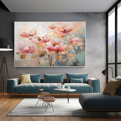 600-600 Large Textured Floral Abstract Painting Pink & Gold Botanical Wall Art-0133