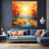 Sunset Landscape Wall Art, Wildflower Lake Print, Mountain Nature Painting, Pastel Sunset Decor-0161